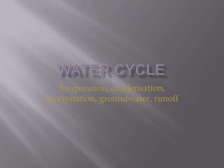 Evaporation, condensation,
precipitation, groundwater, runoff
 