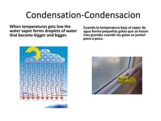Condensation-Condensacion
When temperatures gets low the        Cuando la temperatura baja el vapor de
water vapor forms droplets of water   agua forma pequeñas gotas que se hacen
that become bigger and bigger.        mas grandes cuando las gotas se juntan
                                      poco a poco.
 