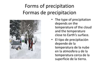 Forms of precipitation
Formas de precipitacion
            • The type of precipitation
              depends on the
              temperature of the cloud
              and the temperature
              close to Earth’s surface.
            • El tipo de precipitación
              depende de la
              temperatura de la nube
              en la atmosfera y de la
              temperatura cerca de la
              superficie de la tierra.
 