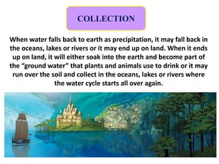 COLLECTION
When water falls back to earth as precipitation, it may fall back in
the oceans, lakes or rivers or it may end up on land. When it ends
up on land, it will either soak into the earth and become part of
the “ground water” that plants and animals use to drink or it may
run over the soil and collect in the oceans, lakes or rivers where
the water cycle starts all over again.
 
