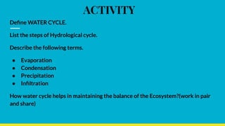 ACTIVITY
Deﬁne WATER CYCLE.
List the steps of Hydrological cycle.
Describe the following terms.
● Evaporation
● Condensation
● Precipitation
● Inﬁltration
How water cycle helps in maintaining the balance of the Ecosystem?(work in pair
and share)
 