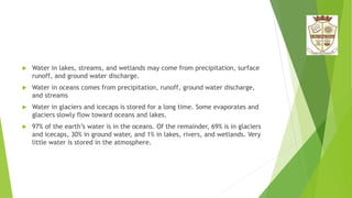  Water in lakes, streams, and wetlands may come from precipitation, surface
runoff, and ground water discharge.
 Water in oceans comes from precipitation, runoff, ground water discharge,
and streams
 Water in glaciers and icecaps is stored for a long time. Some evaporates and
glaciers slowly flow toward oceans and lakes.
 97% of the earth’s water is in the oceans. Of the remainder, 69% is in glaciers
and icecaps, 30% in ground water, and 1% in lakes, rivers, and wetlands. Very
little water is stored in the atmosphere.
 