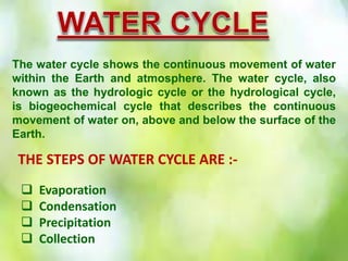 The water cycle shows the continuous movement of water
within the Earth and atmosphere. The water cycle, also
known as the hydrologic cycle or the hydrological cycle,
is biogeochemical cycle that describes the continuous
movement of water on, above and below the surface of the
Earth.
 Evaporation
 Condensation
 Precipitation
 Collection
THE STEPS OF WATER CYCLE ARE :-
 