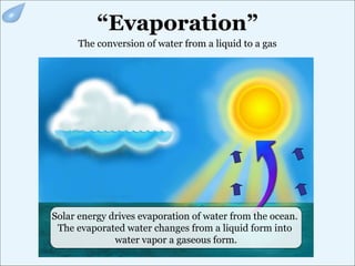 “Evaporation”
The conversion of water from a liquid to a gas
Solar energy drives evaporation of water from the ocean.
The evaporated water changes from a liquid form into
water vapor a gaseous form.
 