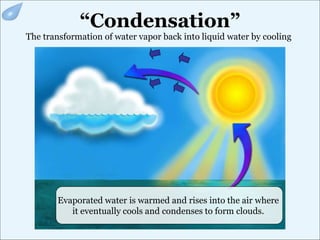 “Condensation”
The transformation of water vapor back into liquid water by cooling
Evaporated water is warmed and rises into the air where
it eventually cools and condenses to form clouds.
 