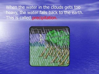 When the water in the clouds gets too
heavy, the water falls back to the earth.
This is called precipitation.
 