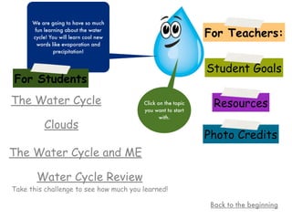 We are going to have so much
       fun learning about the water
      cycle! You will learn cool new                         For Teachers:
        words like evaporation and
               precipitation!


                                                             Student Goals
For Students
The Water Cycle                         Click on the topic     Resources
                                        you want to start
                                               with.
          Clouds
                                                             Photo Credits
The Water Cycle and ME

       Water Cycle Review
Take this challenge to see how much you learned!

                                                              Back to the beginning
 