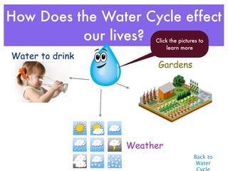 How Does the Water Cycle effect
          our lives?  Click the pictures to
                           learn more
Water to drink
                       Gardens




                 Weather
                                      Back to
                                       Water
 