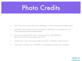 Photo Credits

•   “cows.” The Carmarthenshire Rivers Trust. 2010 [http://carmsriverstrust.com/Problems.aspx]

•   “gardening.” Patricia Meyer. Happy Living Magazine. 2010 [http://www.happynews.com/
    living/gardening/beginner-gardening.htm]

•   “cloudy sky.” Redman 20732. Southern Maryland Online. 1 Apr. 2009 [http://
    photos.somd.com/showphoto.php/photo/7237]

•   “cloudless sky.” Nature Photography. 9 Mar. 2011 [http://nitrophoto.wordpress.com/]

•   “water cycle.” The Water Cycle. 1998 [http://www.mbgnet.net/fresh/cycle/cycle.htm]




                                                                                            Table of
                                                                                            Contents
 