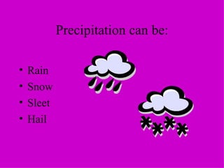 Precipitation can be: Rain Snow Sleet Hail  