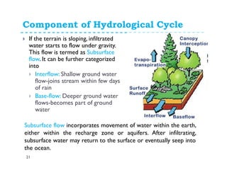 Component of Hydrological Cycle
21
If the terrain is sloping, infiltrated
water starts to flow under gravity.
This flow is termed as Subsurface
flow. It can be further categorized
into
Interflow: Shallow ground water
flow-joins stream within few days
of rain
Base-flow: Deeper ground water
flows-becomes part of ground
water
Subsurface flow incorporates movement of water within the earth,
either within the recharge zone or aquifers. After infiltrating,
subsurface water may return to the surface or eventually seep into
the ocean.
 