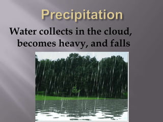 PrecipitationWater collects in the cloud, becomes heavy, and falls