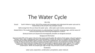 The Water Cycle
SOL 3.9b
Strand Earth’s Patterns, Cycles SOL3.9The student will investigate and understand the water cycle and its
relationship to life on Earth. Key concepts include
b)the energy from the sun drives the water cycle; c)the water cycle involves several processes.
Related SOL3.1 The student will demonstrate an understanding of scientific reasoning, logic, and the nature of
science by planning and conducting investigations in which
d)natural events are sequenced chronologically; l)models are designed and built.
Background Information
Approximately 97% of the water is found in the oceans and the other 3%, which is fresh water, is found in glaciers,
icecaps, rivers, lakes, underground, and in the atmosphere. Of this 3%, only 1% is suitable for drinking. Water
continuously circulates between Earth’s surface, the air, and underground. This circulation is driven by the sun’s
energy. As the sun warms the surface of oceans and other water sources, the movements of water molecules
increase until some molecules change state from liquid water to gaseous water (water vapor). This is called
evaporation. When energy is lost, the water vapor condenses, forming liquid water again. This is called
condensation. When the droplets get large enough, they fall back to Earth as precipitation.
Vocabulary
water cycle, evaporation, condensation, precipitation, water molecule
 