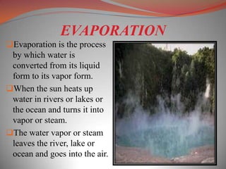 EVAPORATION
Evaporation is the process
 by which water is
 converted from its liquid
 form to its vapor form.
When the sun heats up
 water in rivers or lakes or
 the ocean and turns it into
 vapor or steam.
The water vapor or steam
 leaves the river, lake or
 ocean and goes into the air.
 