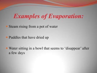 Examples of Evaporation:
 Steam rising from a pot of water


 Puddles that have dried up


 Water sitting in a bowl that seems to ‘disappear’ after
  a few days
 