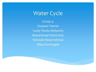 Water Cycle
Group 4:
Ghaisani Yasmin
Lucky Pandu Melyanto
Muhammad Fahmi Aziz
Nisfulaili Abdurrohman
Sikka Puriningsih
 