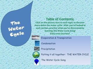 Table of Contents:
 Click on the picture next to each topic to discover
more about the water cycle! After you’ve looked at
 each section, practice what you’ve discovered by
           learning The Water Cycle Song!
                 Enjoy your journey!!
      Evaporation & Transpiration

      Condensation

      Precipitation

      Putting it all together: THE WATER CYCLE

      The Water Cycle Song
 