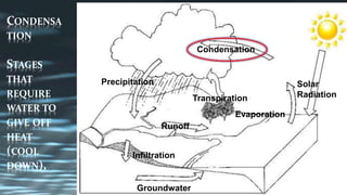 CONDENSA
TION
STAGES
THAT
REQUIRE
WATER TO
GIVE OFF
HEAT
(COOL
DOWN).
Solar
Radiation
Evaporation
Transpiration
Infiltration
Runoff
Precipitation
Condensation
Groundwater
 