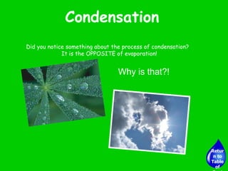 Condensation Did you notice something about the process of condensation?  It is the OPPOSITE of evaporation! It is the COOLING process  that initiates condensation. It is the HEATING process  that initiates evaporation. Why is that?! Return to Table of Contents 