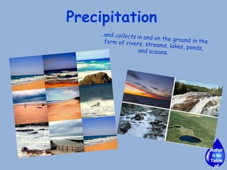 Precipitation … and  collects  in and on the ground in the form of rivers, streams, lakes, ponds, and oceans. Return to Table of Contents 