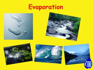 Evaporation Water begins its journey as a liquid in streams, rivers, ponds, lakes, and oceans…even puddles!  It is in a liquid state and sits on the earth because it is heavier than air. Return to Table of Contents 