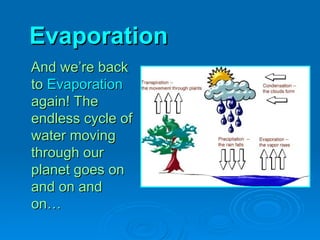 Evaporation
Evaporation
And we’re back
And we’re back
to
to Evaporation
Evaporation
again! The
again! The
endless cycle of
endless cycle of
water moving
water moving
through our
through our
planet goes on
planet goes on
and on and
and on and
on…
on…
 