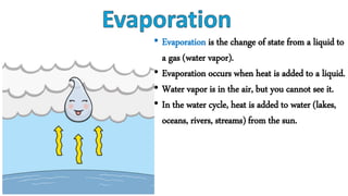 • Evaporation is the change of state from a liquid to
a gas (water vapor).
• Evaporation occurs when heat is added to a liquid.
• Water vapor is in the air, but you cannot see it.
• In the water cycle, heat is added to water (lakes,
oceans, rivers, streams) from the sun.
 