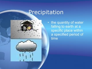 Precipitation the quantity of water falling to earth at a specific place within a specified period of time 