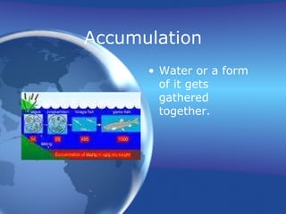 Accumulation Water or a form of it gets gathered together. 