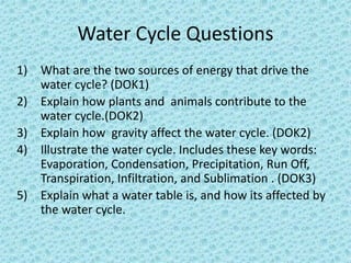 Water Cycle Questions
1) What are the two sources of energy that drive the
water cycle? (DOK1)
2) Explain how plants and animals contribute to the
water cycle.(DOK2)
3) Explain how gravity affect the water cycle. (DOK2)
4) Illustrate the water cycle. Includes these key words:
Evaporation, Condensation, Precipitation, Run Off,
Transpiration, Infiltration, and Sublimation . (DOK3)
5) Explain what a water table is, and how its affected by
the water cycle.
 