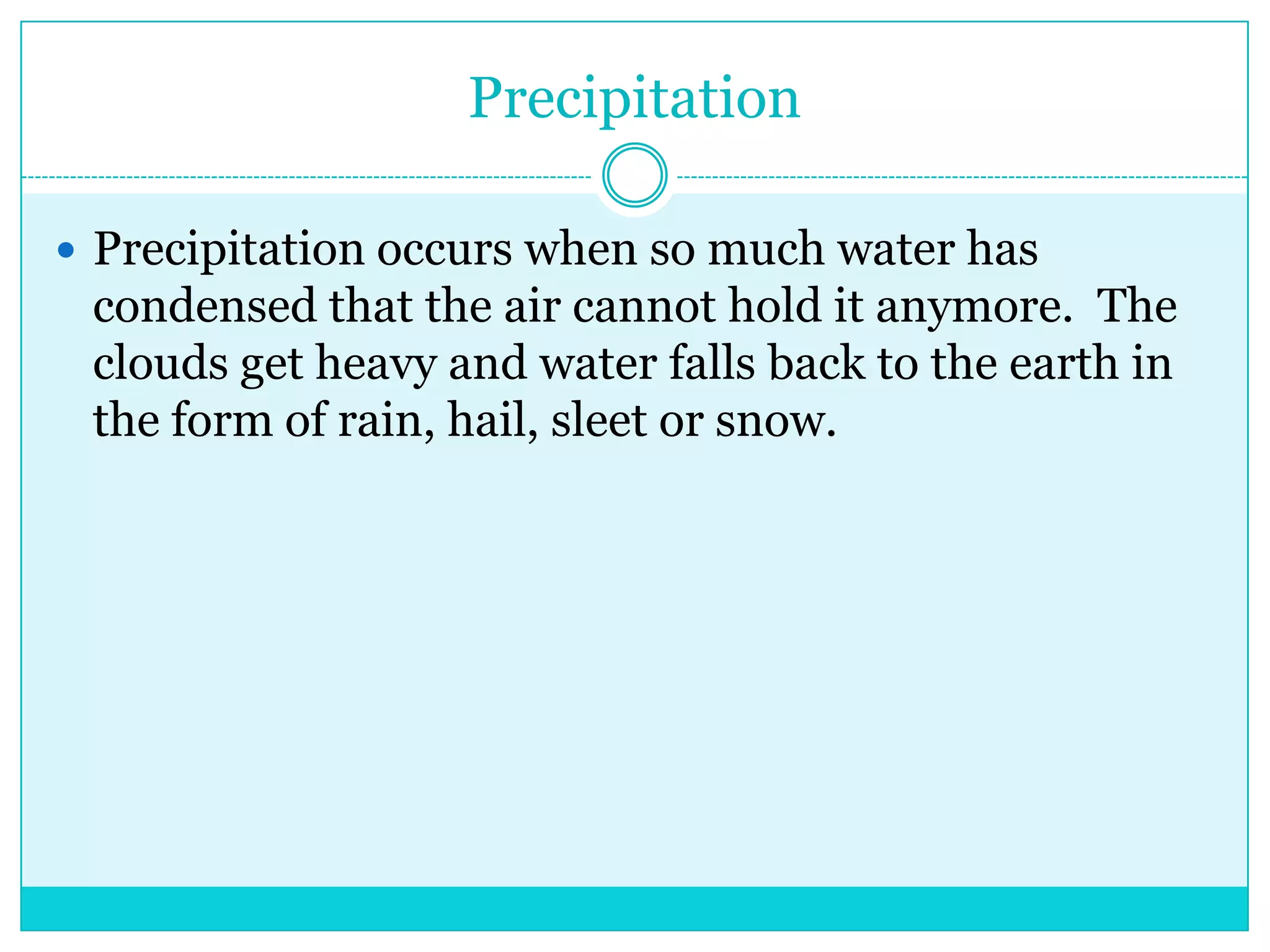 PrecipitationPrecipitation occurs when so much water has condensed that the air cannot hold it anymore.  The clouds get heavy and water falls back to the earth in the form of rain, hail, sleet or snow. 