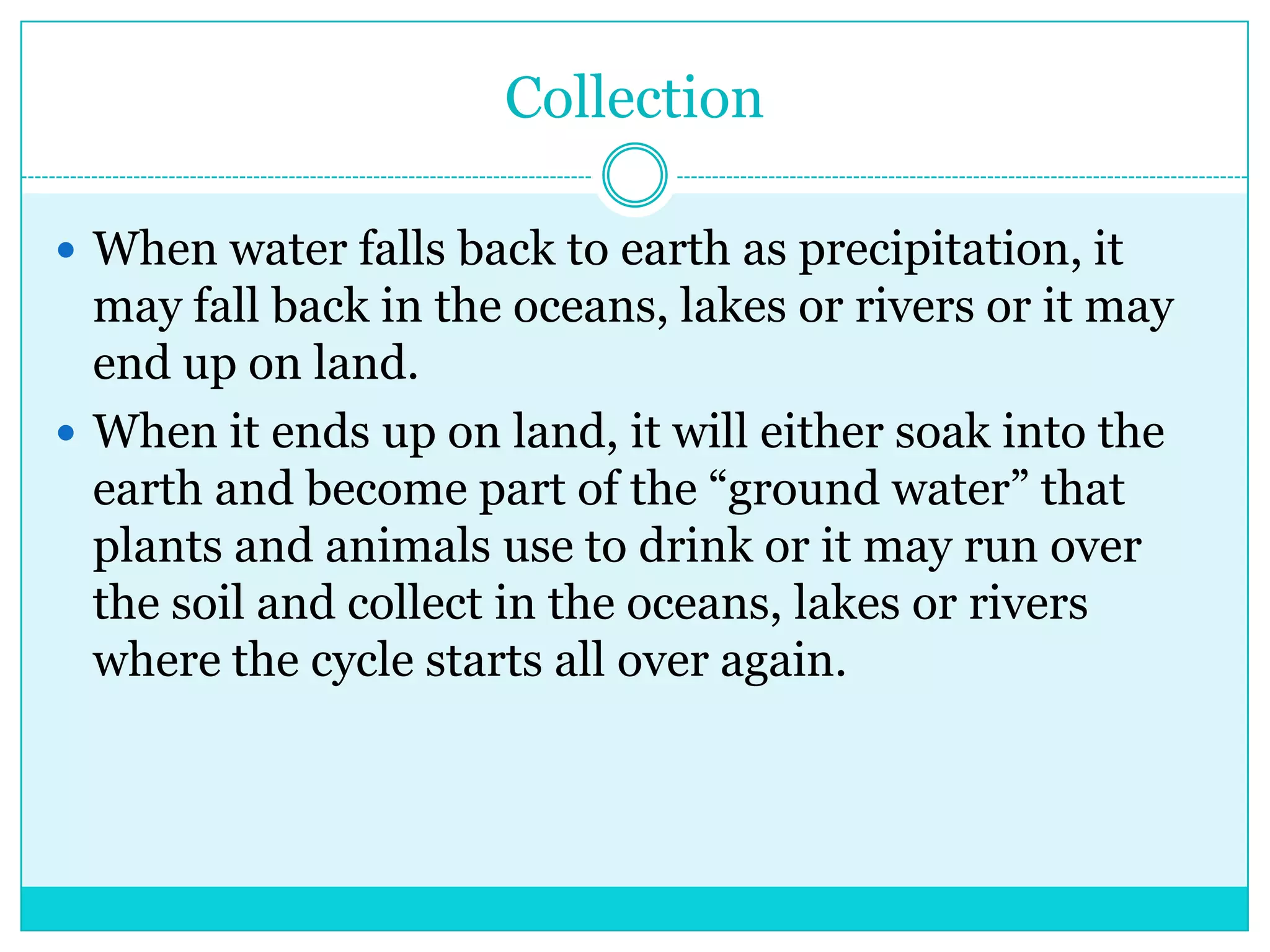 CollectionWhen water falls back to earth as precipitation, it may fall back in the oceans, lakes or rivers or it may end up on land.  When it ends up on land, it will either soak into the earth and become part of the “ground water” that plants and animals use to drink or it may run over the soil and collect in the oceans, lakes or rivers where the cycle starts all over again. 