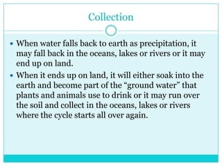 CollectionWhen water falls back to earth as precipitation, it may fall back in the oceans, lakes or rivers or it may end up on land.  When it ends up on land, it will either soak into the earth and become part of the “ground water” that plants and animals use to drink or it may run over the soil and collect in the oceans, lakes or rivers where the cycle starts all over again. 