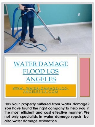 WWW. WAT E R - D AM A G E - L O S -
AN G E L E S - L A. C O M
WATER DAMAGE
FLOOD LOS
ANGELES
Has your property suffered from water damage?
You have found the right company to help you in
the most efficient and cost effective manner. We
not only specialists in water damage repair, but
also water damage restoration.
 