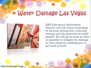 ERX Emergency Restoration
Experts uses the latest technology
to increase drying time, reducing
damage and the potential for mold
growth. We will get to work as soon
as possible to mitigate the damage
to your property, enabling you to
get back to work.
http://erxlasvegas.com/
 