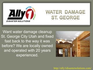 Want water damage cleanup
St. George City Utah and fixed
fast back to the way it was
before? We are locally owned
and operated with 20 years
experienced.
http://ally1disastersolutions.com/
 