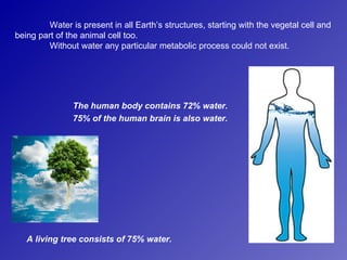 Water is present in all Earth’s structures, starting with the vegetal cell and
being part of the animal cell too.
         Without water any particular metabolic process could not exist.




               The human body contains 72% water.
               75% of the human brain is also water.




   A living tree consists of 75% water.
 