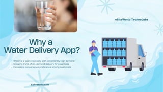 eSiteWorld TechnoLabs
Why a
Water Delivery App?
Water is a basic necessity with consistently high demand
Growing trend of on-demand delivery for essentials
Increasing convenience preference among customers
EsiteWorld.com
 