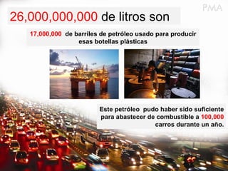 26,000,000,000  de litros son 17,000,000  de  barriles de petróleo usado para producir esas botellas plásticas Este petróleo  pudo haber sido suficiente  para abastecer de combustible a  100,000  carros durante un año. 