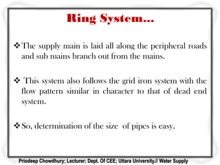 Ring System...
The supply main is laid all along the peripheral roads
and sub mains branch out from the mains.
 This system also follows the grid iron system with the
flow pattern similar in character to that of dead end
system.
So, determination of the size of pipes is easy.
Priodeep Chowdhury; Lecturer; Dept. Of CEE; Uttara University.// Water Supply
 