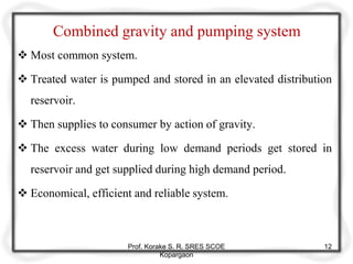 Combined gravity and pumping system
 Most common system.
 Treated water is pumped and stored in an elevated distribution
reservoir.
 Then supplies to consumer by action of gravity.
 The excess water during low demand periods get stored in
reservoir and get supplied during high demand period.
 Economical, efficient and reliable system.
Prof. Korake S. R. SRES SCOE
Kopargaon
12
 