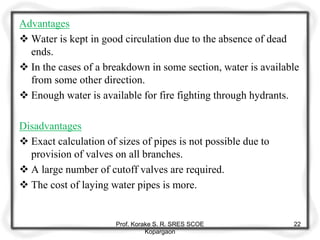 Advantages
 Water is kept in good circulation due to the absence of dead
ends.
 In the cases of a breakdown in some section, water is available
from some other direction.
 Enough water is available for fire fighting through hydrants.
Disadvantages
 Exact calculation of sizes of pipes is not possible due to
provision of valves on all branches.
 A large number of cutoff valves are required.
 The cost of laying water pipes is more.
Prof. Korake S. R. SRES SCOE
Kopargaon
22
 