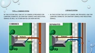 TYPE# 2. COMBINED SYSTEM
IN THIS SYSTEM ONLY ONE SET OF SEWERS IS PROVIDED FOR
CARRYING DOMESTIC OR SANITARY SEWAGE AND INDUSTRIAL
SEWAGE AS WELL AS STORM WATER (OR RAIN WATER).
1) SEPARATESYSTEM
• IN THIS SYSTEM TWO SETS OF SEWERS ARE PROVIDED-ONE FOR
CARRYING DOMESTIC OR SANITARY SEWAGE AND INDUSTRIAL
SEWAGE,
 