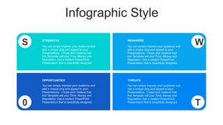 Infographic Style
S W
T
0
STRENGTHS
You can simply impress your audience and
add a unique zing and appeal to your
Presentations. I hope and I believe that
this Template will your Time, Money and
Reputation. Get a modern PowerPoint
Presentation that is beautifully designed.
OPPORTUNITIES
You can simply impress your audience and
add a unique zing and appeal to your
Presentations. I hope and I believe that
this Template will your Time, Money and
Reputation. Get a modern PowerPoint
Presentation that is beautifully designed.
WEAKNESS
You can simply impress your audience and
add a unique zing and appeal to your
Presentations. I hope and I believe that
this Template will your Time, Money and
Reputation. Get a modern PowerPoint
Presentation that is beautifully designed.
THREATS
You can simply impress your audience and
add a unique zing and appeal to your
Presentations. I hope and I believe that
this Template will your Time, Money and
Reputation. Get a modern PowerPoint
Presentation that is beautifully designed.
 