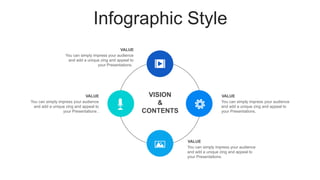 Infographic Style
VISION
&
CONTENTS
You can simply impress your audience
and add a unique zing and appeal to
your Presentations.
VALUE
You can simply impress your audience
and add a unique zing and appeal to
your Presentations.
VALUE
You can simply impress your audience
and add a unique zing and appeal to
your Presentations.
VALUE
You can simply impress your audience
and add a unique zing and appeal to
your Presentations .
VALUE
 