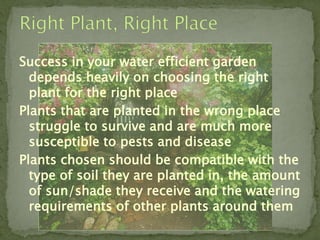 Success in your water efficient garden
  depends heavily on choosing the right
  plant for the right place
Plants that are planted in the wrong place
  struggle to survive and are much more
  susceptible to pests and disease
Plants chosen should be compatible with the
  type of soil they are planted in, the amount
  of sun/shade they receive and the watering
  requirements of other plants around them
 