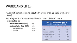 WATER AND LIFE….
• An adult human contains about 60% water (men 55-70%, women 45-
60%).
• A 70 kg normal man contains about 42 liters of water. This is
distributed as
• Intracellular fluid (ICF) 28L
• extracellular fluid (ECF) 14L
• Interstitial fluid 10.5L
• plasma 3.5L
 