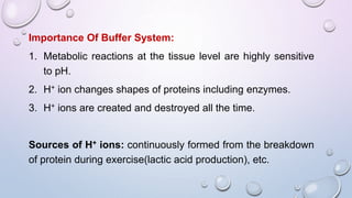 Importance Of Buffer System:
1. Metabolic reactions at the tissue level are highly sensitive
to pH.
2. H+ ion changes shapes of proteins including enzymes.
3. H+ ions are created and destroyed all the time.
Sources of H+ ions: continuously formed from the breakdown
of protein during exercise(lactic acid production), etc.
 