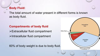 Body Fluid:
The total amount of water present in different forms is known
as body fluid.
Compartments of body fluid
Extracellular fluid compartment
Intracellular fluid compartment
60% of body weight is due to body fluid.
 