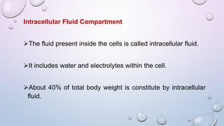 Intracellular Fluid Compartment
The fluid present inside the cells is called intracellular fluid.
It includes water and electrolytes within the cell.
About 40% of total body weight is constitute by intracellular
fluid.
 